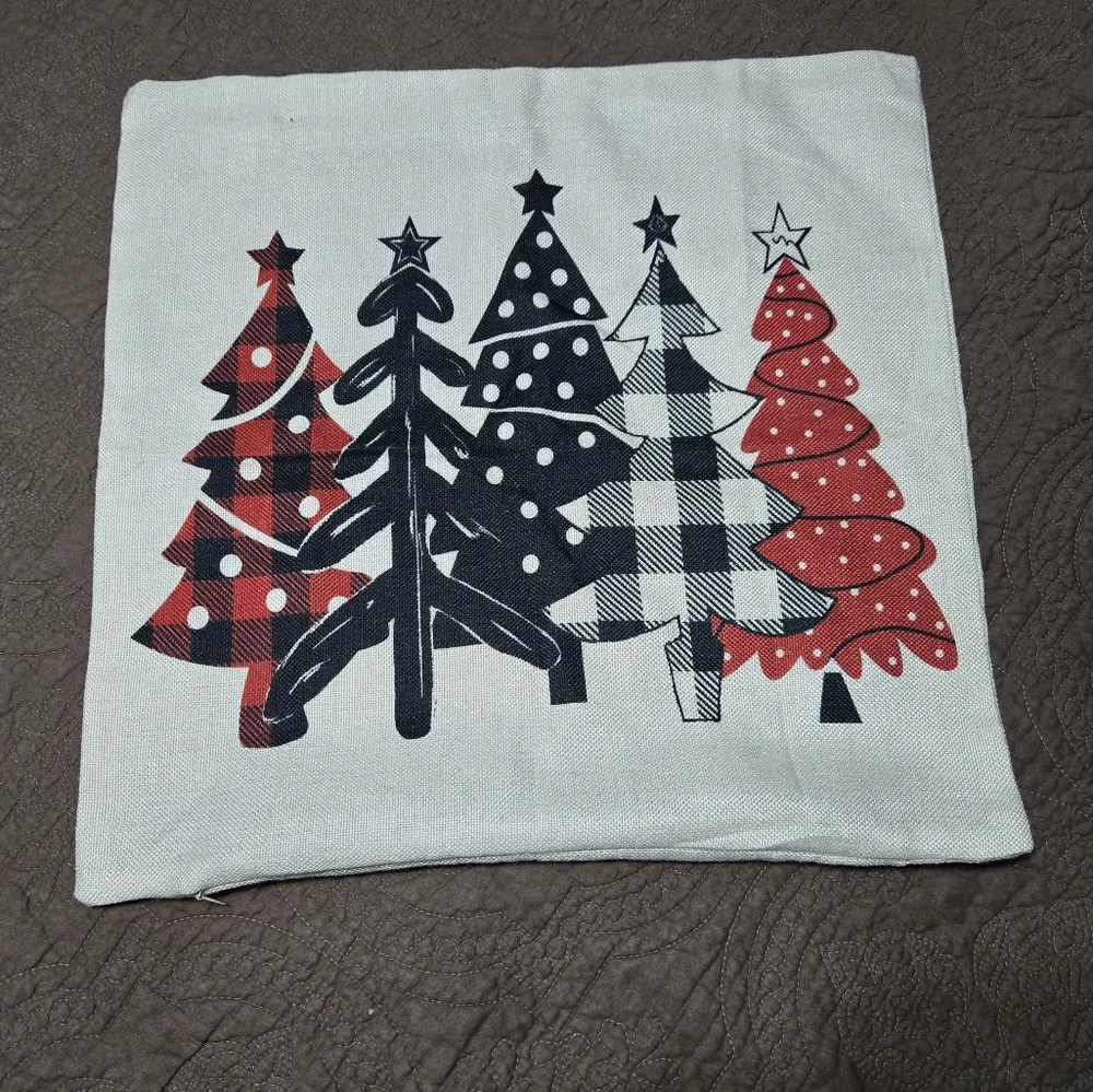 Holiday Black and Red Buffalo Check and Polka-dot Christmas Trees Pillow Cover